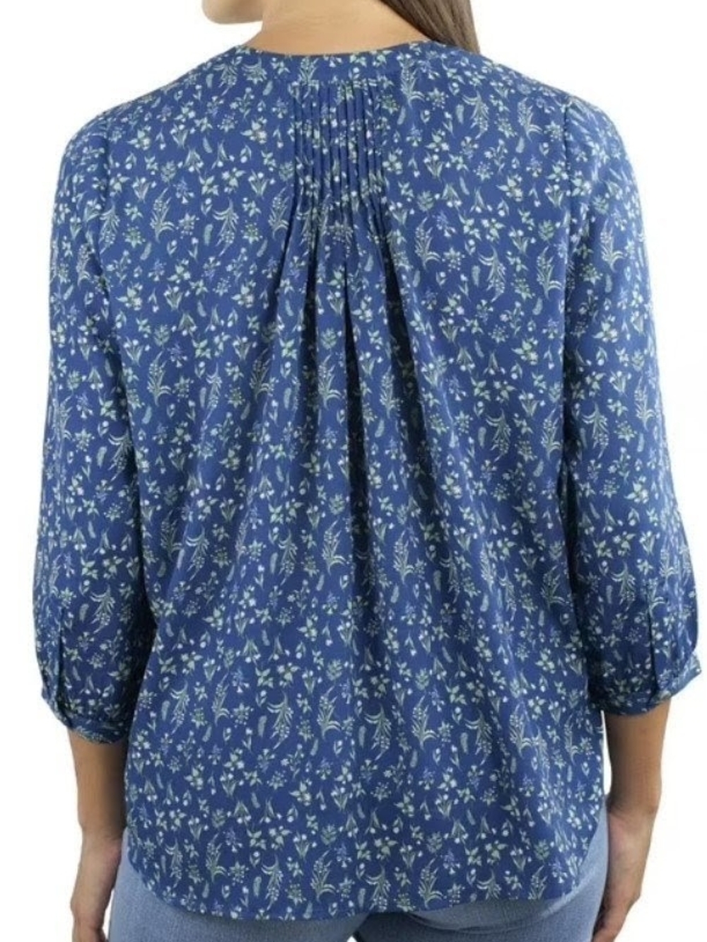 JACHS Girlfriend Blue Floral Split-Neck Hidden Button 3/4 Sleeve Blouse Large - Picture 2 of 7